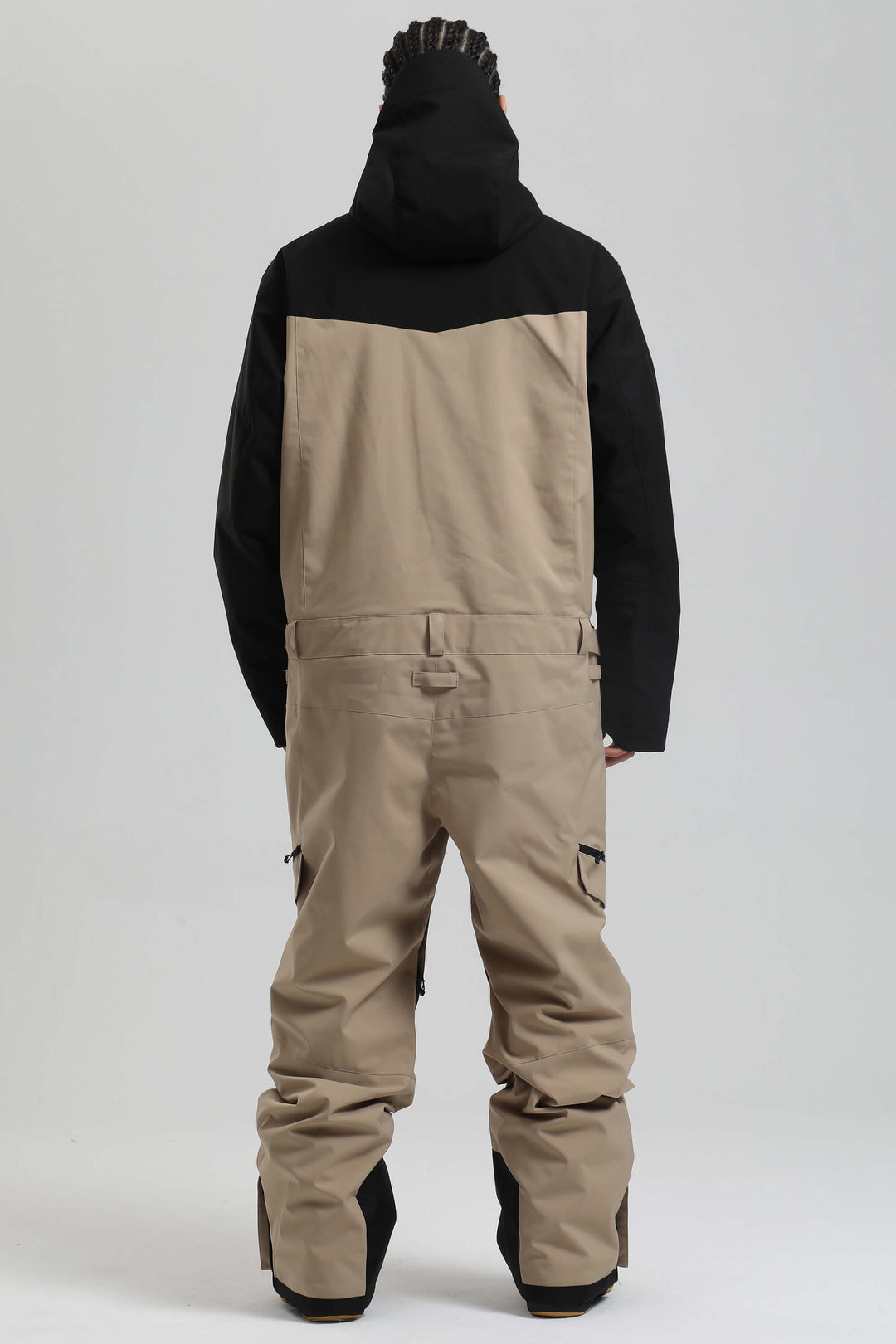 メンズ ブラック＆カーキ 断熱カラーブロック ユーティリティバギーワンピーススキースーツ