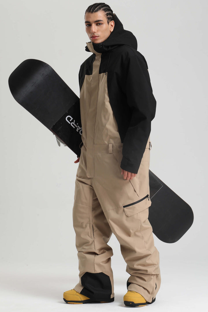 メンズ ブラック＆カーキ 断熱カラーブロック ユーティリティバギーワンピーススキースーツ