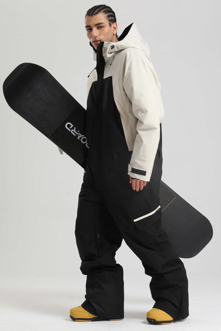 Khaki-weißer isolierter Utility-Baggy-Einteiler-Skianzug im Colorblock-Design für Herren