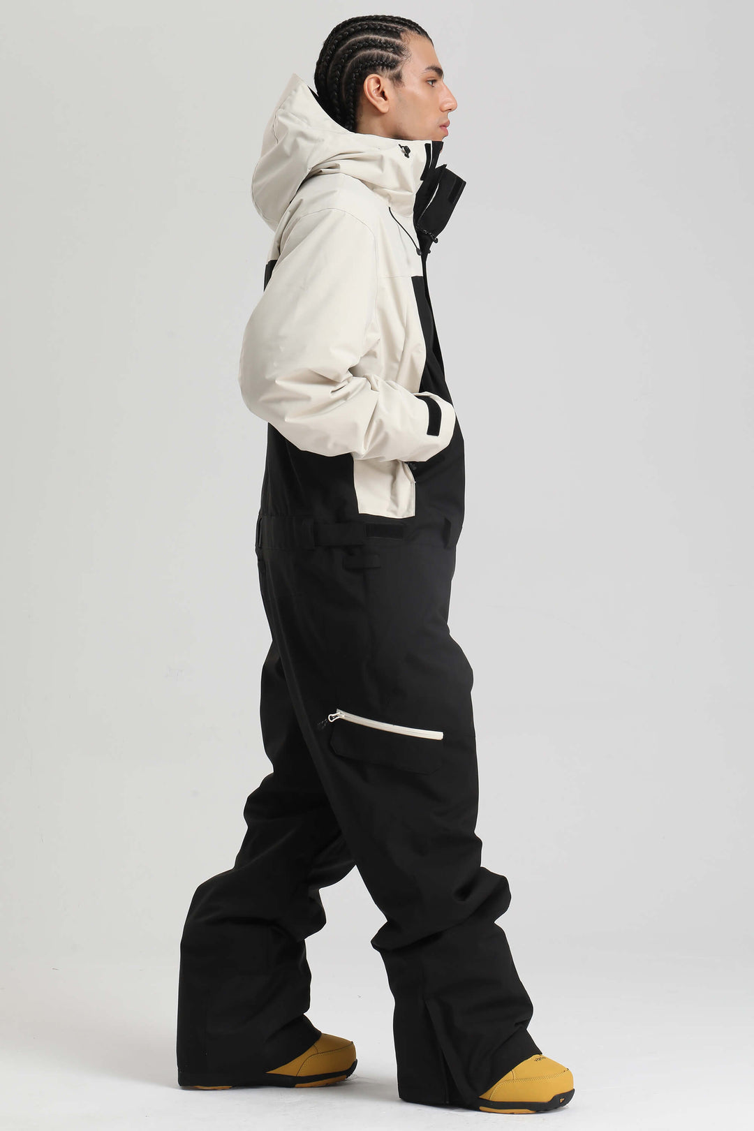 メンズ ブラック＆ホワイト 断熱カラーブロック ユーティリティバギーワンピーススキースーツ