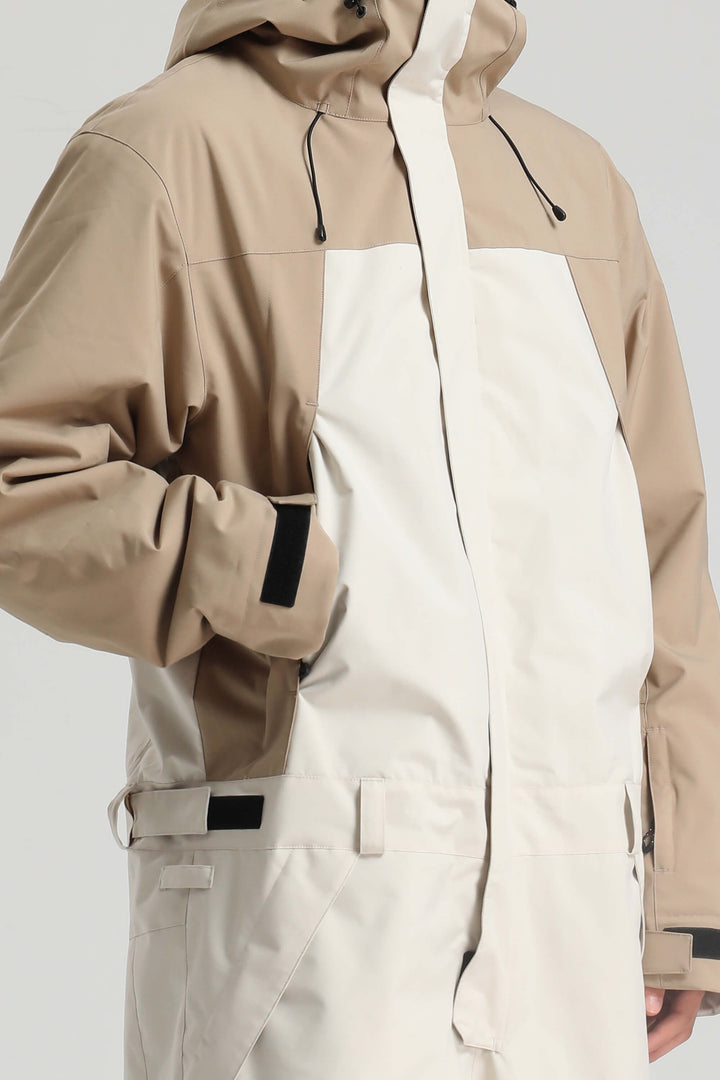 Khaki-weißer isolierter Utility-Baggy-Einteiler-Skianzug im Colorblock-Design für Herren