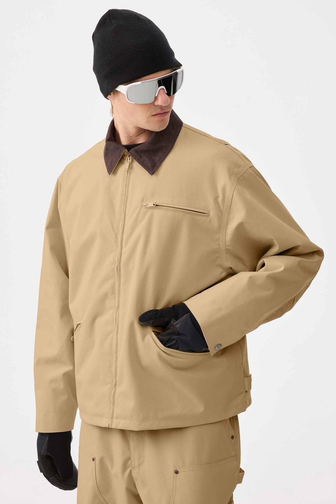 Giacca da neve da uomo in velluto a coste Modern Barn, color kaki, con colletto squadrato