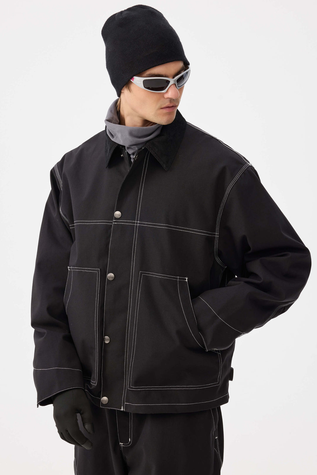 Men's Black Boxy Workwear Heritage Contrast Stitching Snow Jacket