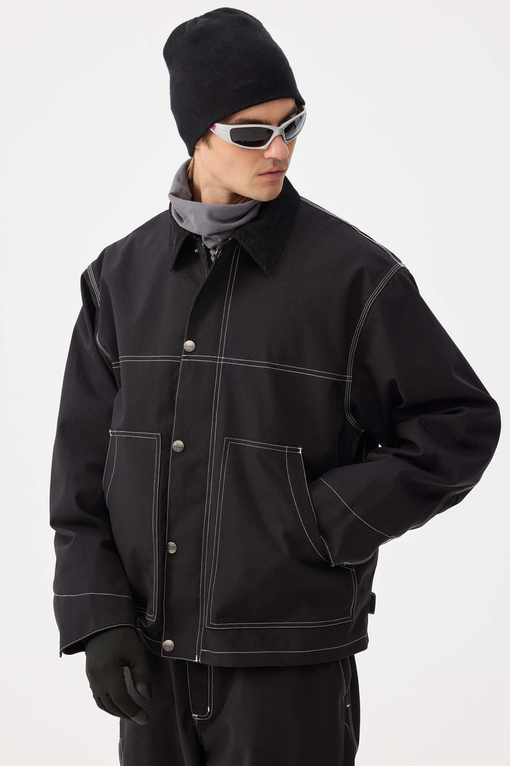 Men's Black Boxy Workwear Heritage Contrast Stitching Snow Jacket