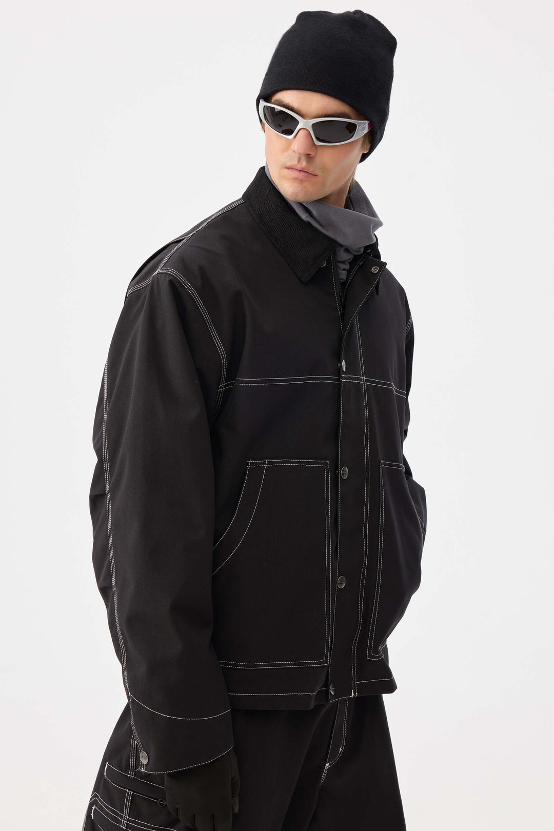 Men's Black Boxy Workwear Heritage Contrast Stitching Snow Jacket