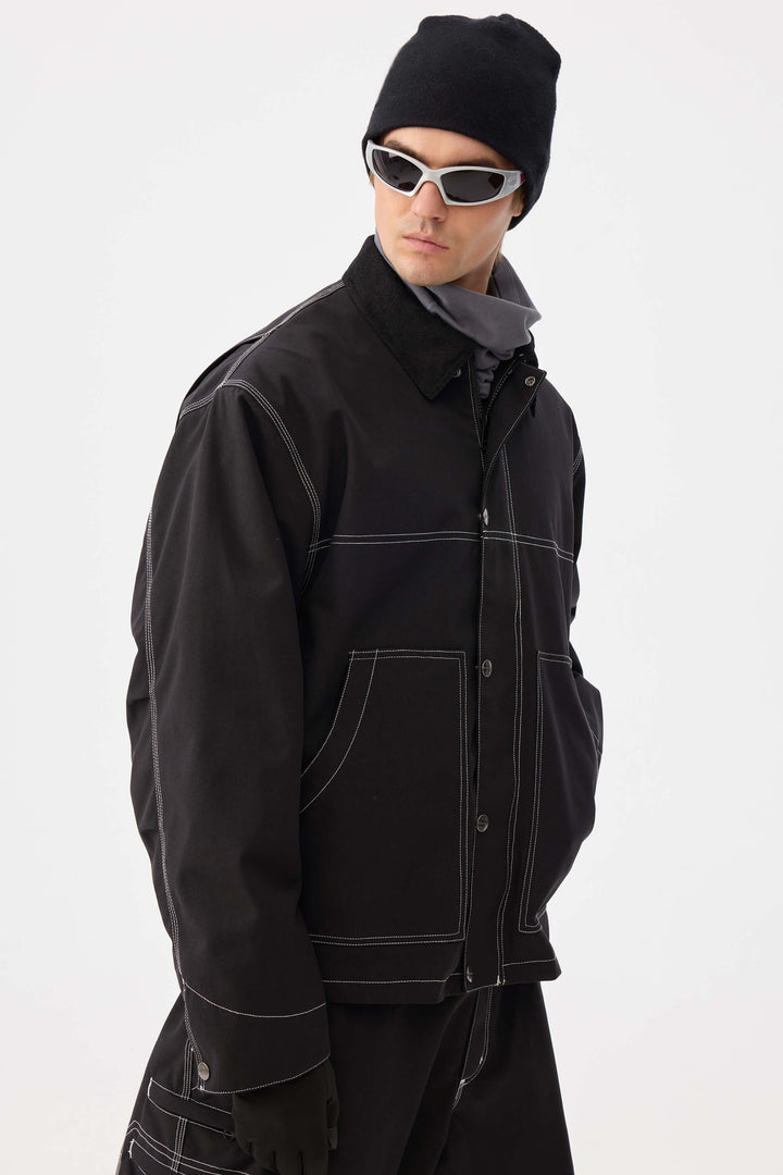 Men's Black Boxy Workwear Heritage Contrast Stitching Snow Jacket
