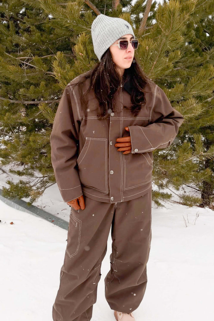 Women's Coffee Boxy Workwear Heritage Contrast Stitching Snow Jacket