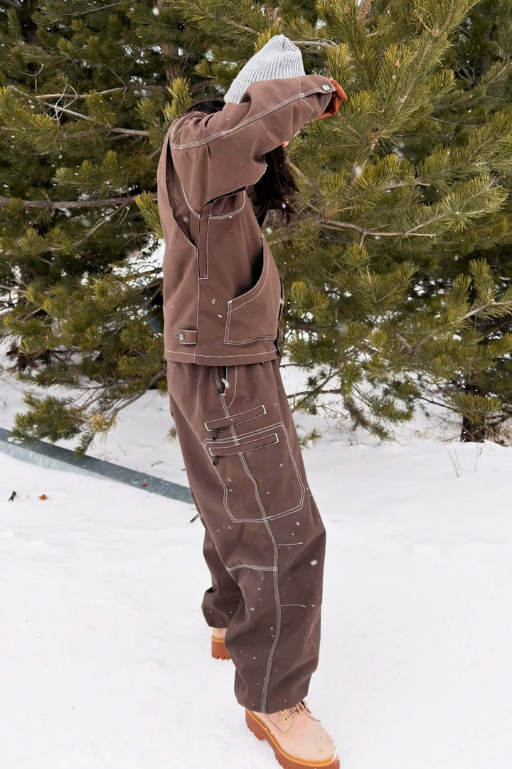 Women's Coffee Boxy Workwear Heritage Contrast Stitching Snow Jacket