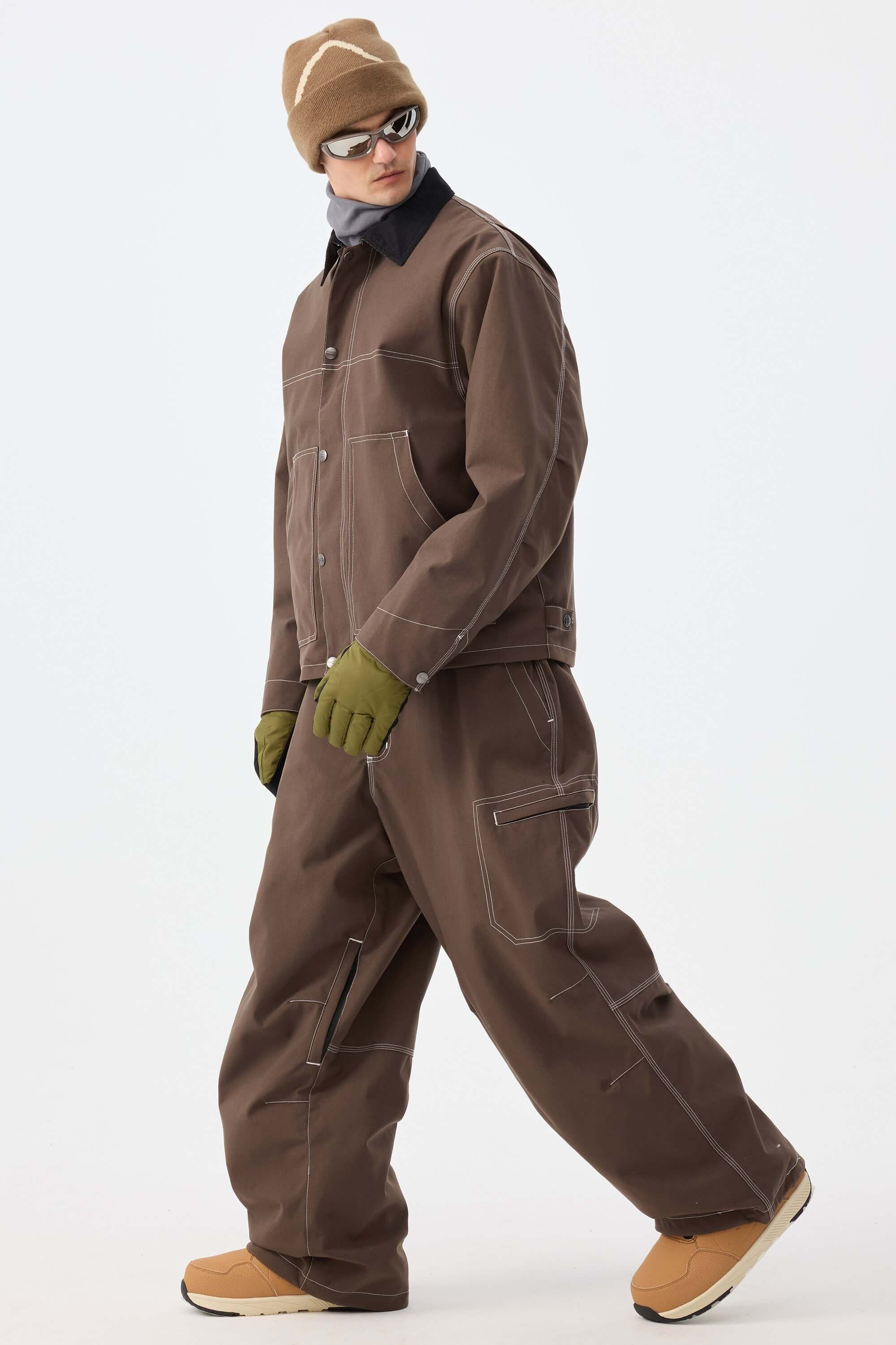 Men's Khaki Boxy Workwear Heritage Contrast Stitching Snow Jacket