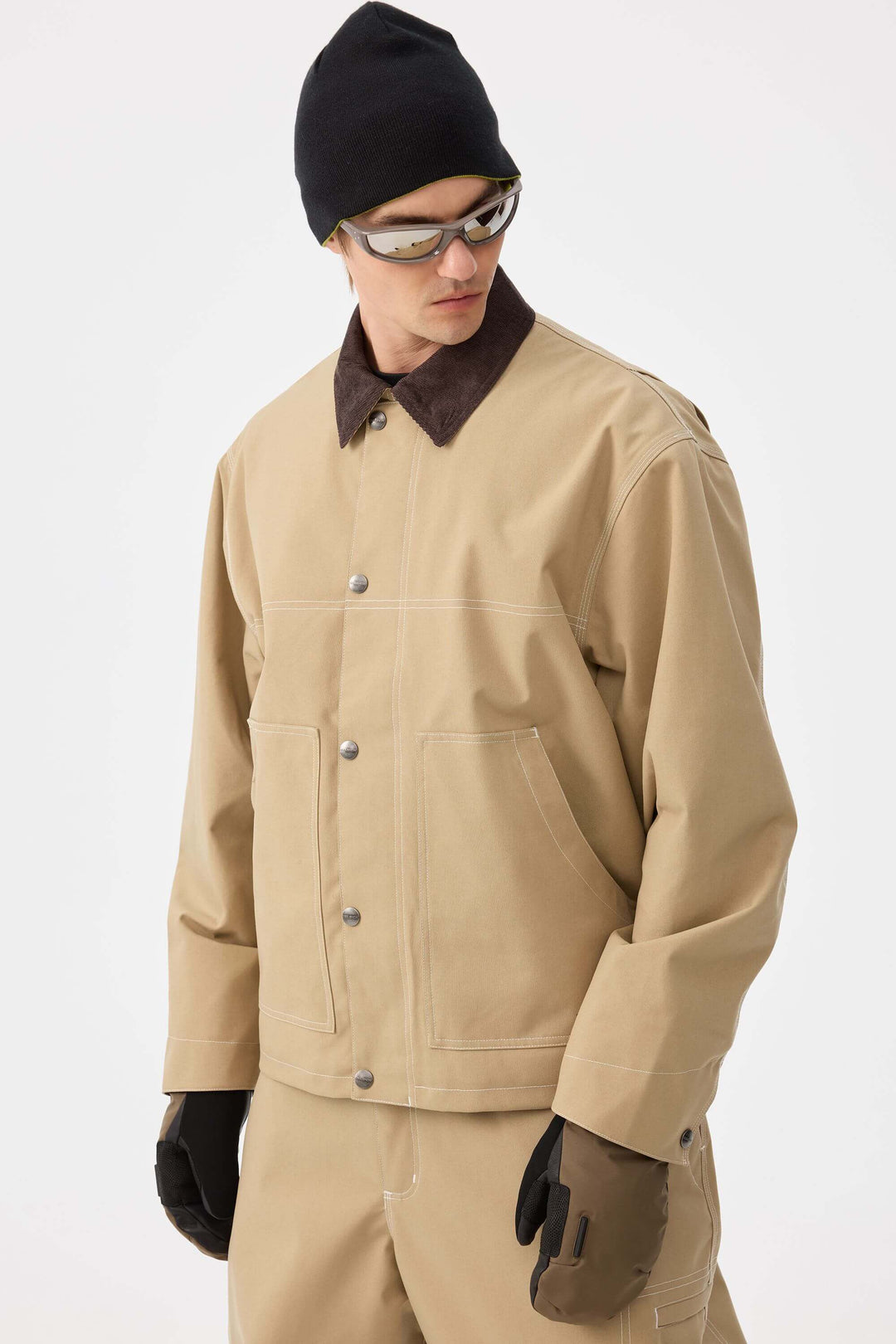 Men's Khaki Boxy Workwear Heritage Contrast Stitching Snow Jacket