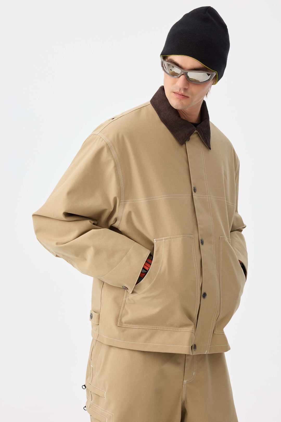 Men's Khaki Boxy Workwear Heritage Contrast Stitching Snow Jacket