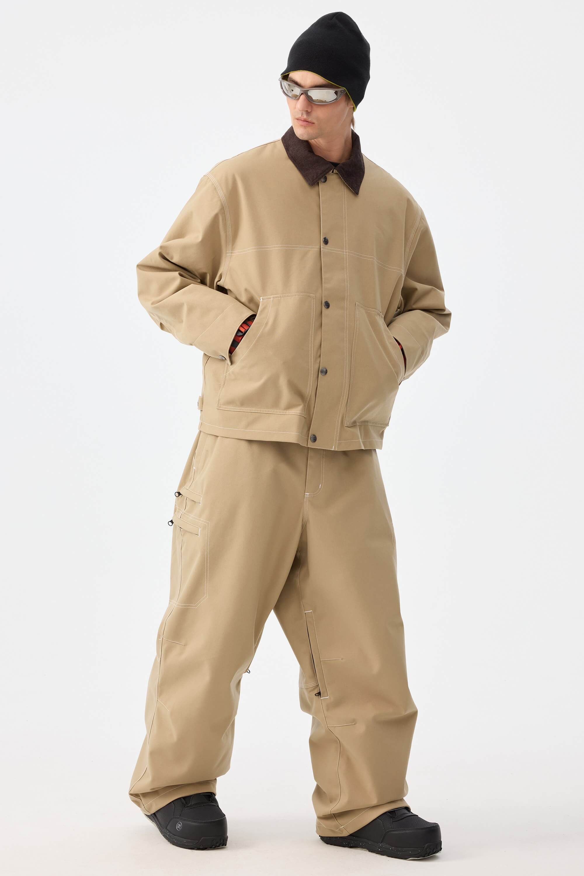 Men's Khaki Boxy Workwear Heritage Contrast Stitching Snow Jacket