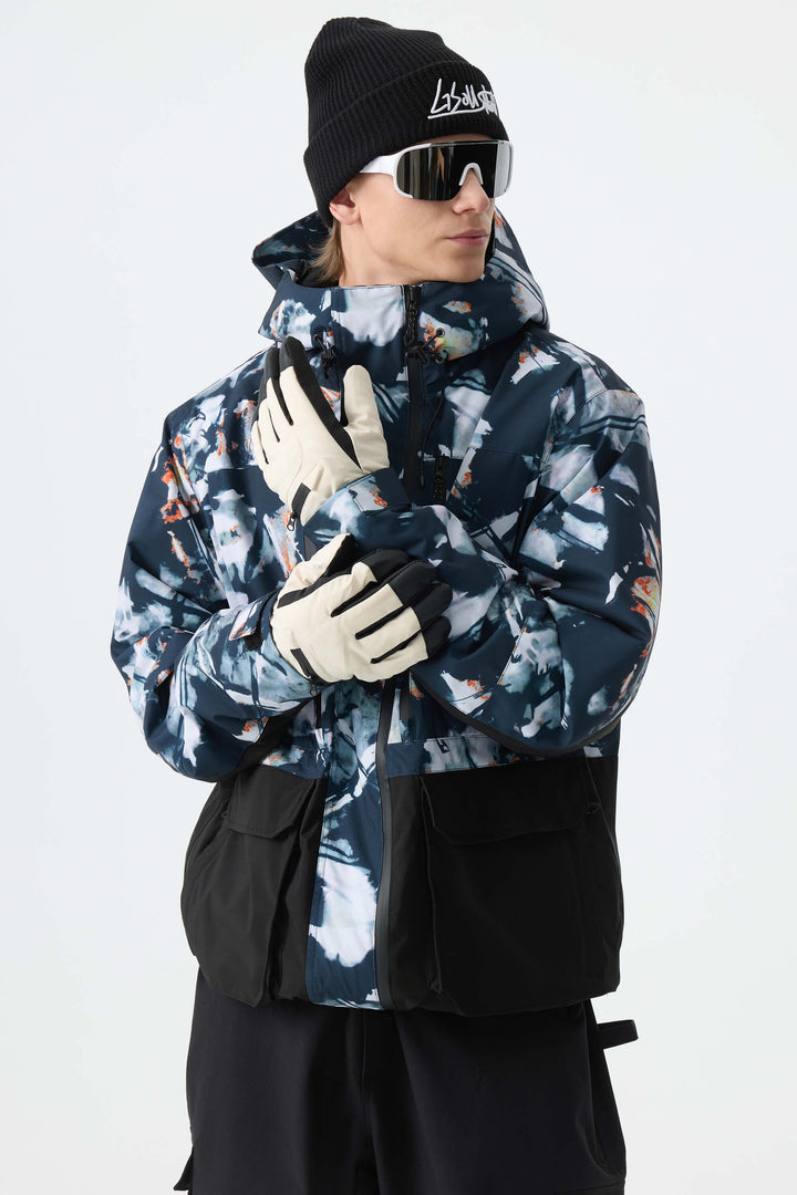 Men's Black Modern Contrast Panel Insulated Snow Jacket