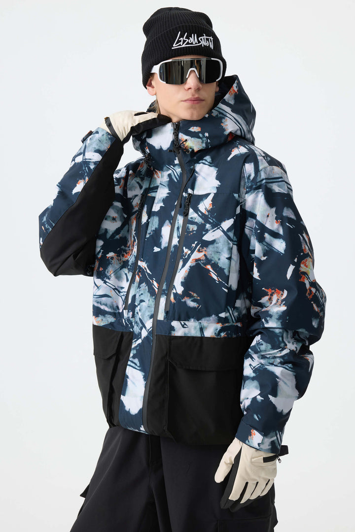 Men's Splatter Printed Modern Contrast Panel Insulated Snow Jacket