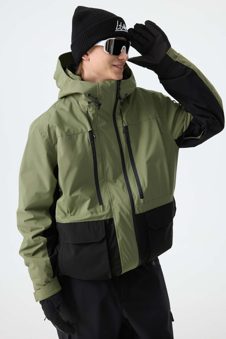 Men's Army Green Modern Contrast Panel Insulated Snow Jacket