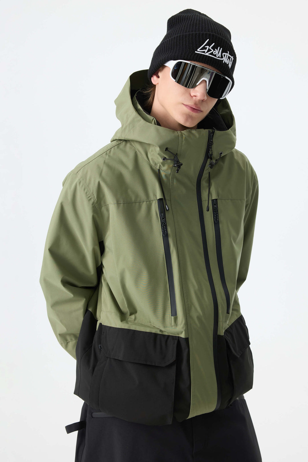 Men's Army Green Modern Contrast Panel Insulated Snow Jacket