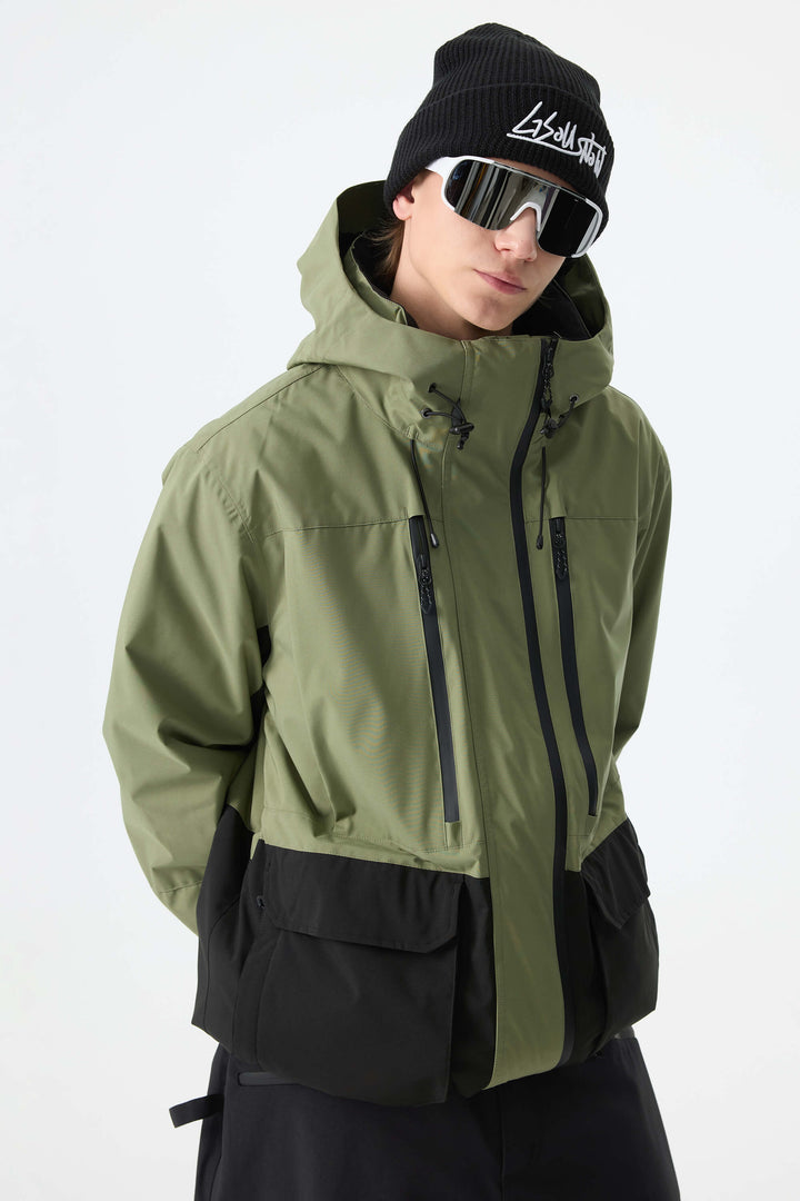Men's Army Green Modern Contrast Panel Insulated Snow Jacket