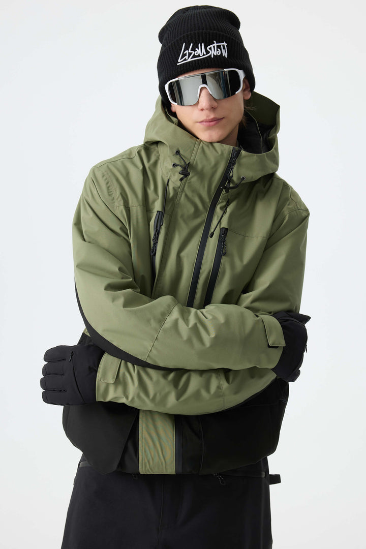 Men's Army Green Modern Contrast Panel Insulated Snow Jacket