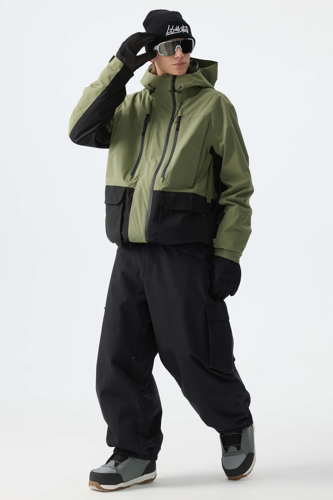 Men's Army Green Modern Contrast Panel Insulated Snow Jacket