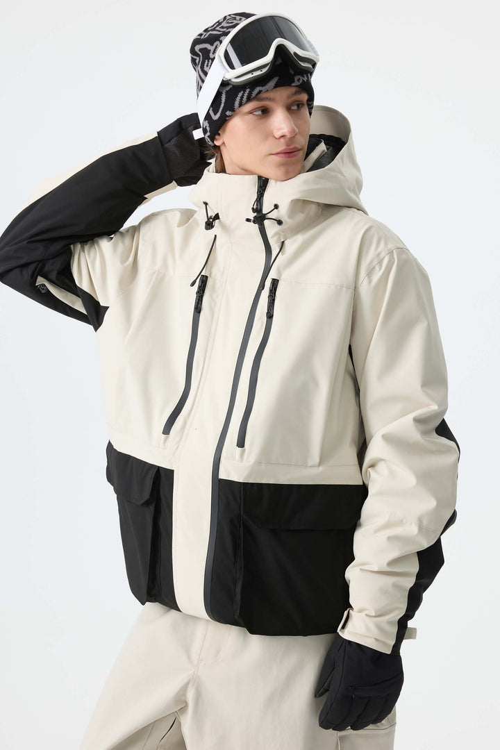 Men's Off White Modern Contrast Panel Insulated Snow Jacket