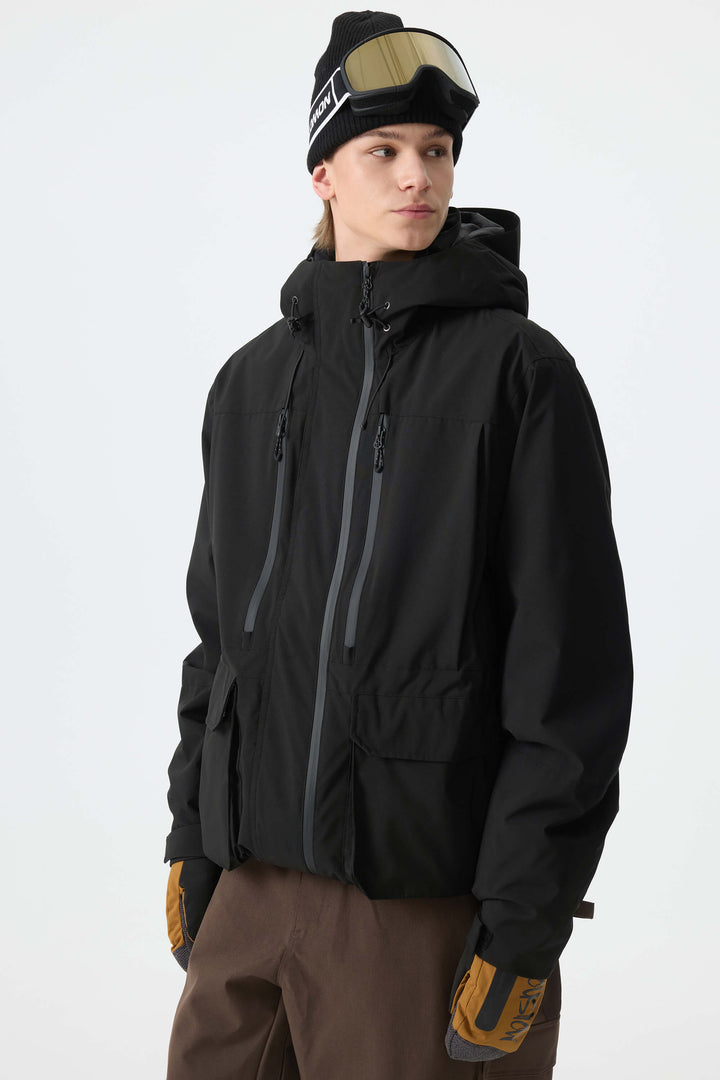 Men's Black Modern Contrast Panel Insulated Snow Jacket