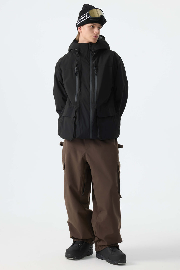 Men's Black Modern Contrast Panel Insulated Snow Jacket