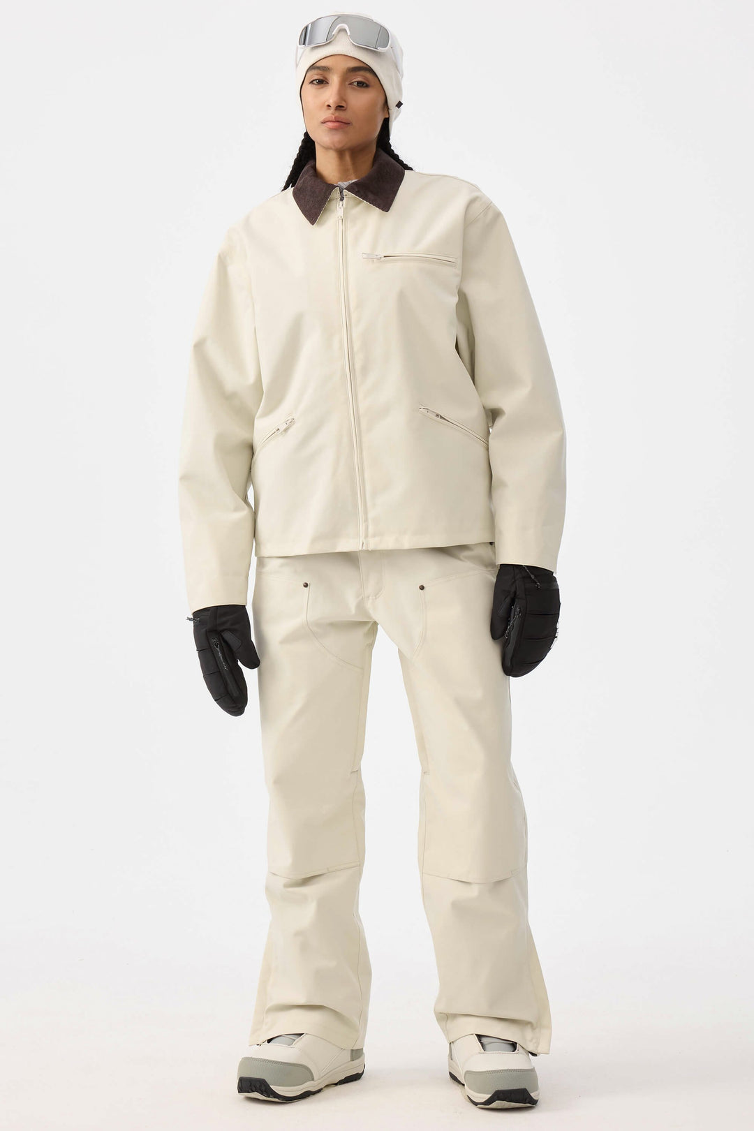 Damskie spodnie śnieżne w kolorze khaki z prostymi nogawkami i podwójnym przodem