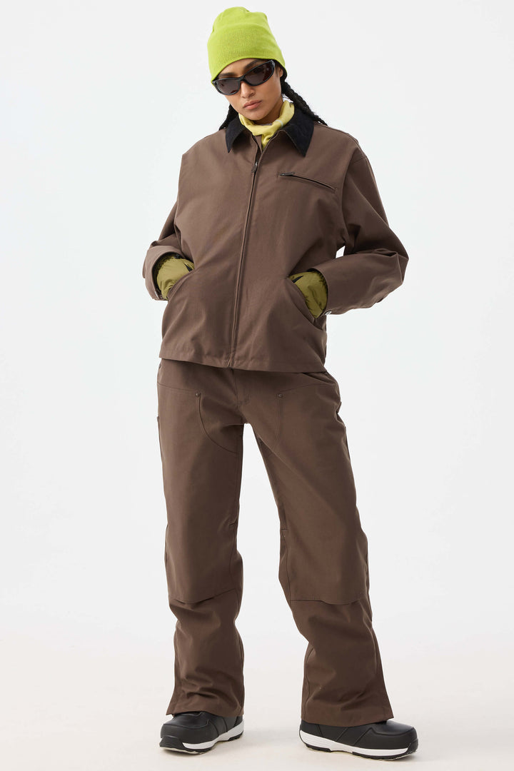 Damskie spodnie śnieżne w kolorze khaki z prostymi nogawkami i podwójnym przodem