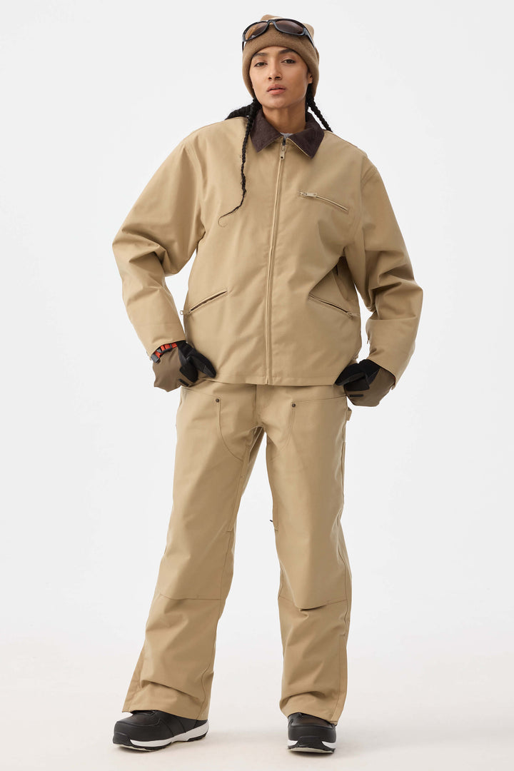 Damskie spodnie śnieżne w kolorze khaki z prostymi nogawkami i podwójnym przodem