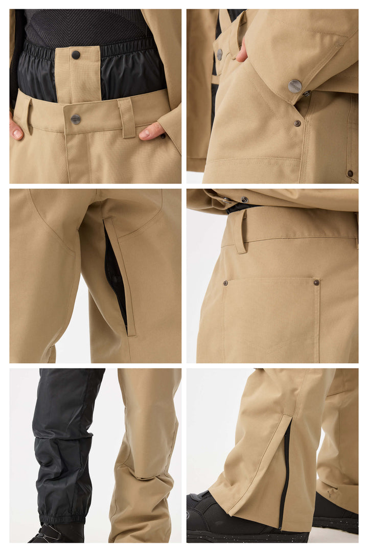 Damskie spodnie śnieżne w kolorze khaki z prostymi nogawkami i podwójnym przodem