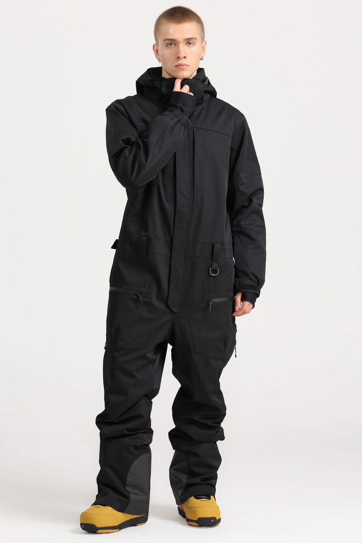 Stilvoller, wasser- und winddichter, locker sitzender einteiliger Skianzug für Herren in Pfauenblau mit abnehmbarer Kapuze und mehreren Taschen