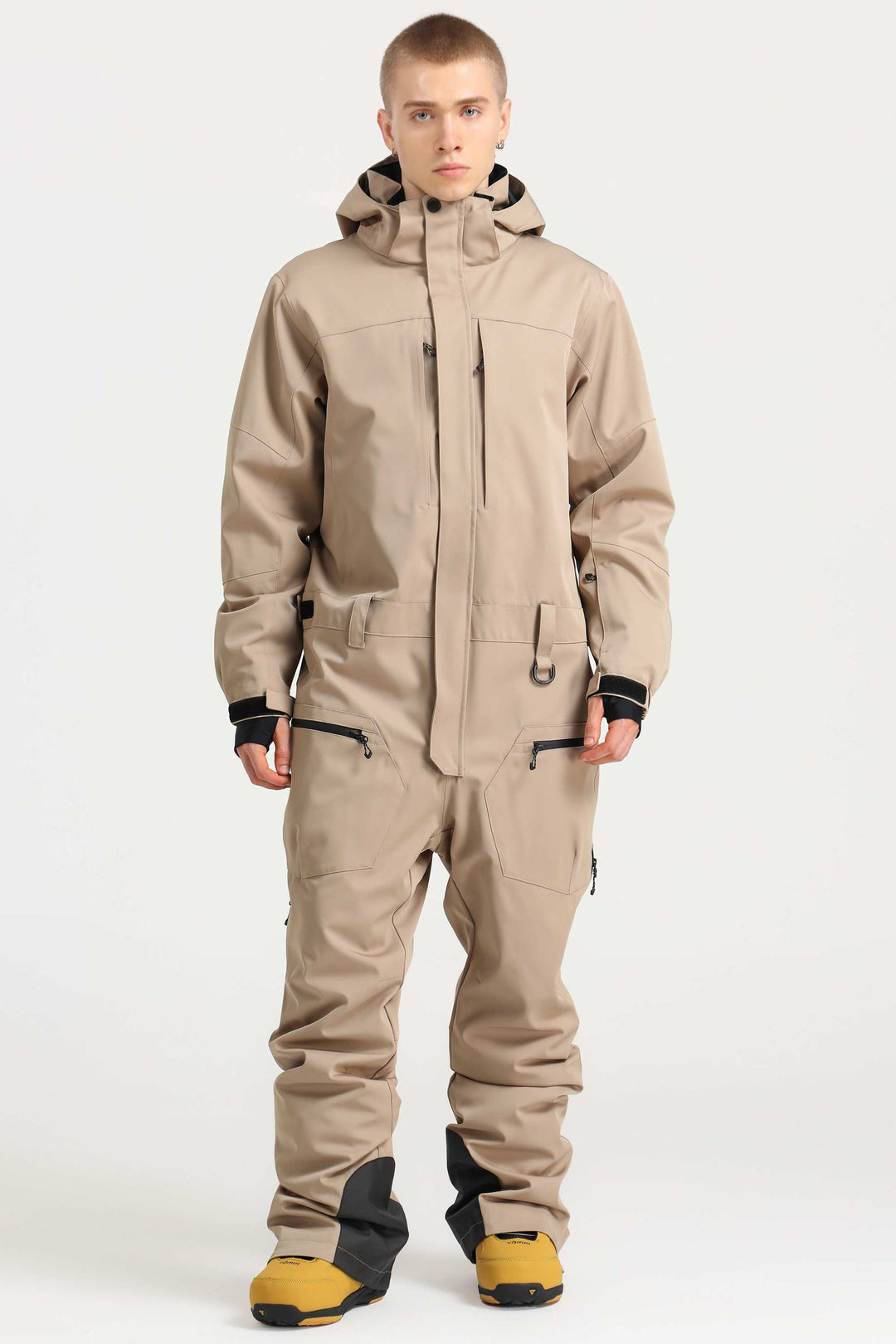 Stilvoller, wasser- und winddichter, locker sitzender einteiliger Skianzug für Herren in Pfauenblau mit abnehmbarer Kapuze und mehreren Taschen