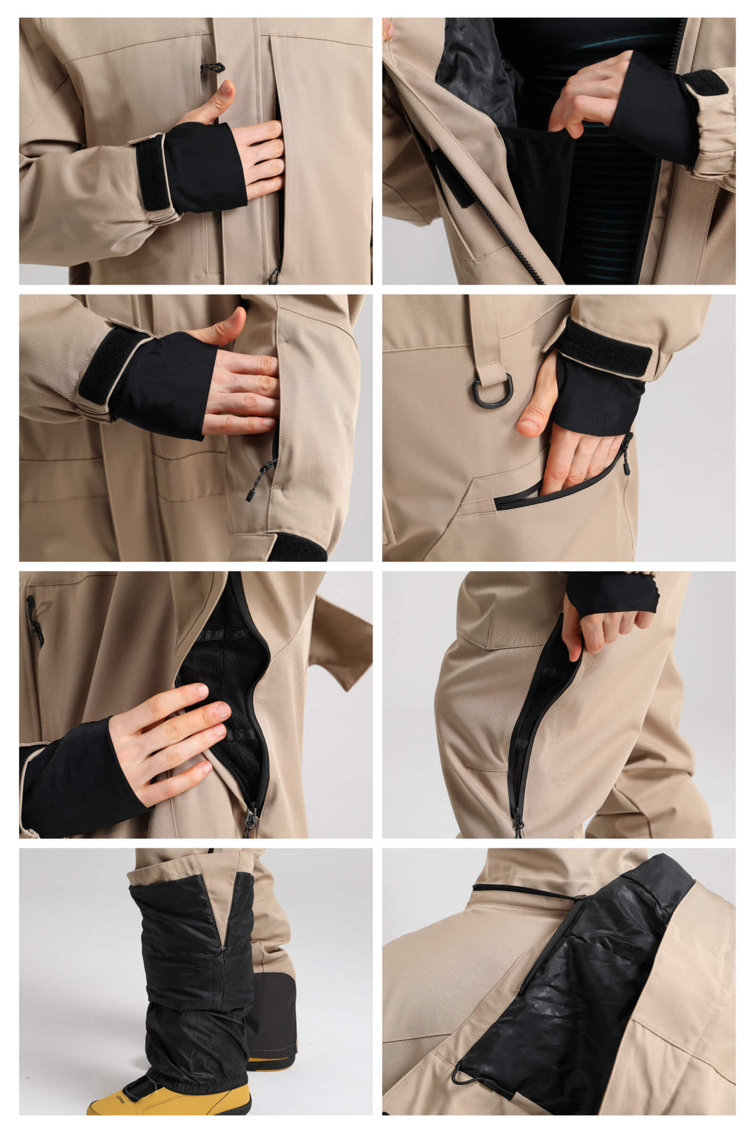 Stilvoller, wasser- und winddichter, locker sitzender einteiliger Skianzug für Herren in Armeegrün mit abnehmbarer Kapuze und mehreren Taschen