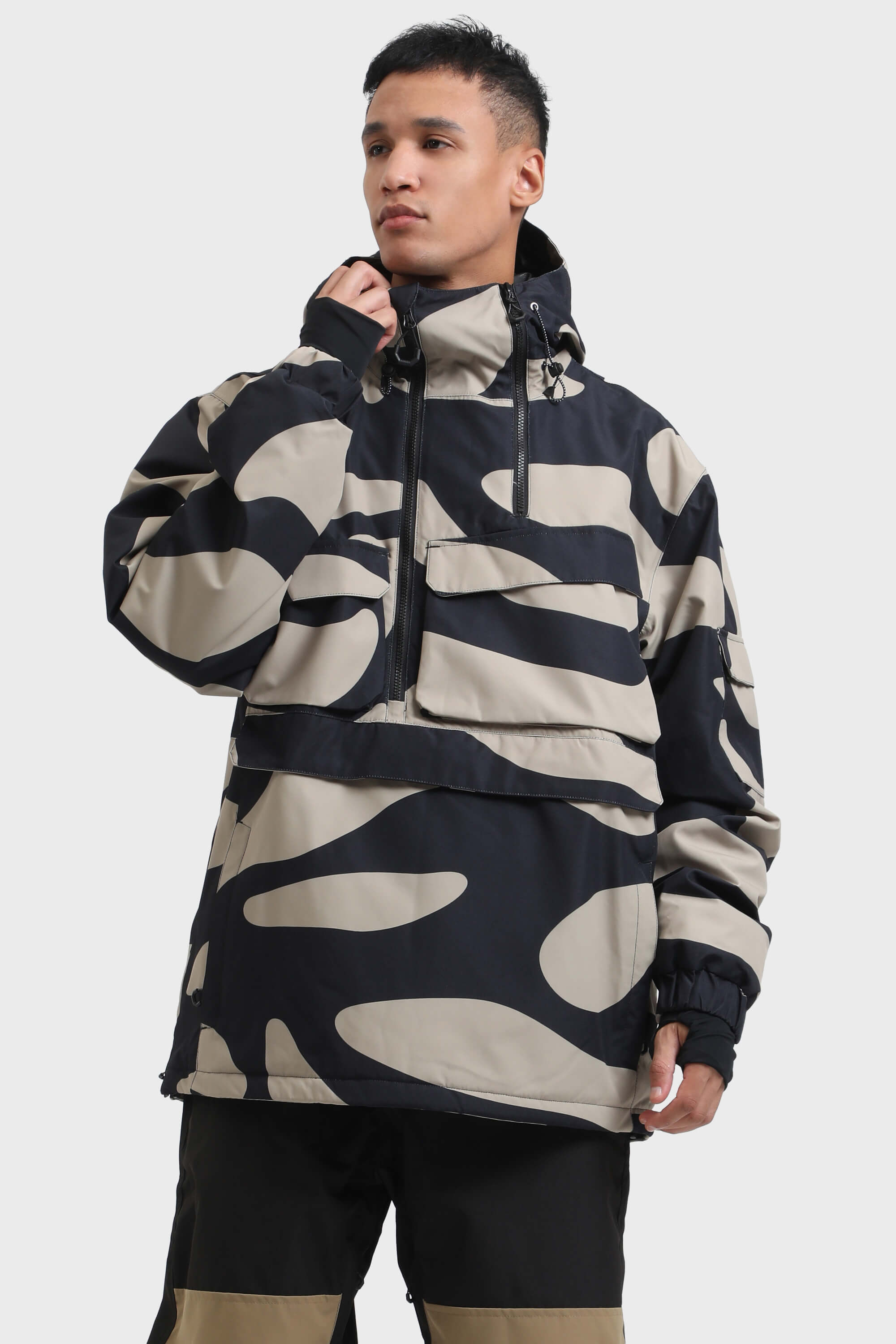 Men's Black Camo Asymmetrical Kangaroo Pocket Waterproof Insulated