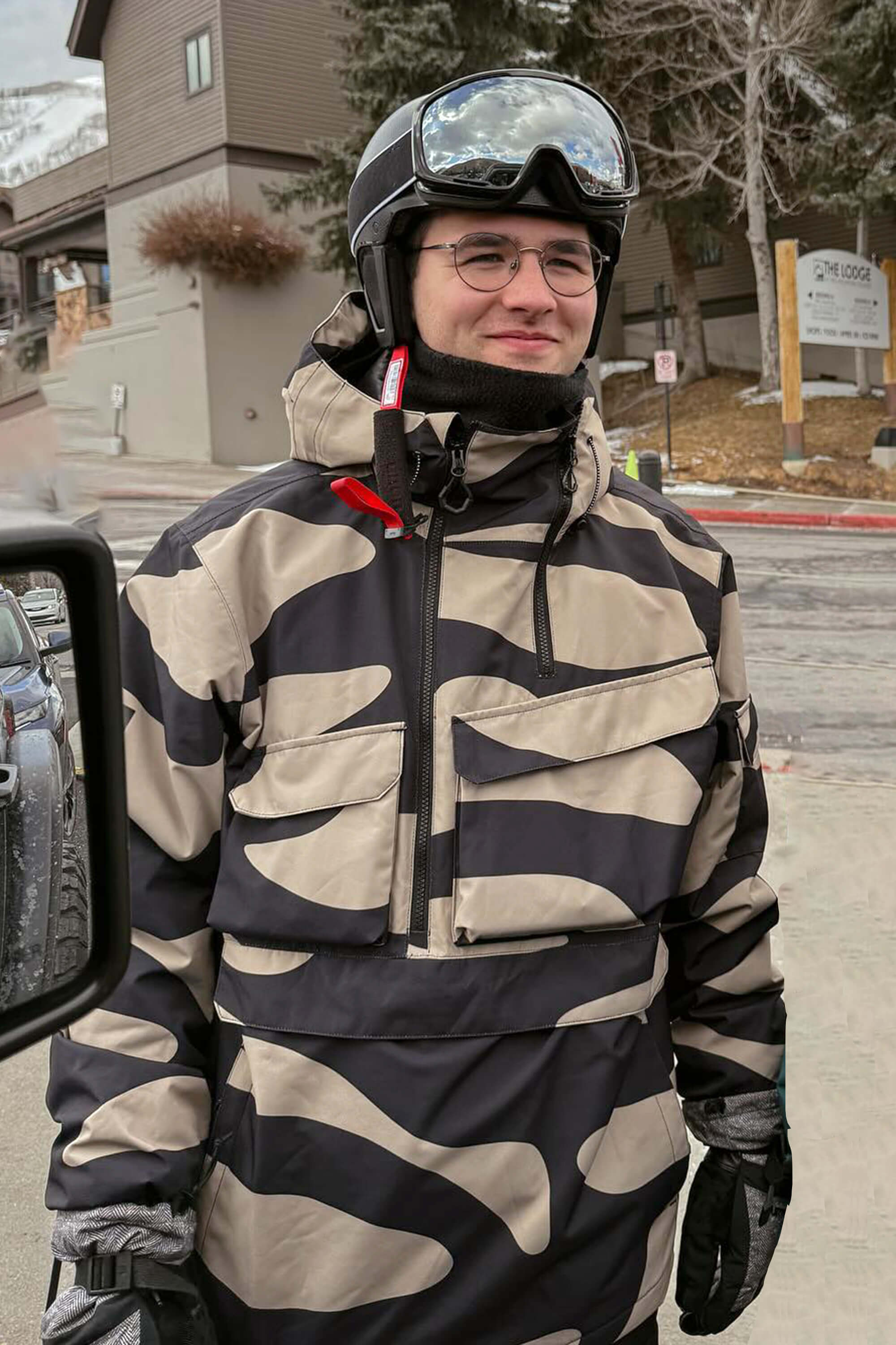 Syahrul Nagatsuki gsou  スノーウェア Men's Black Camo Asymmetrical Kangaroo Pocket Waterproof Insulated