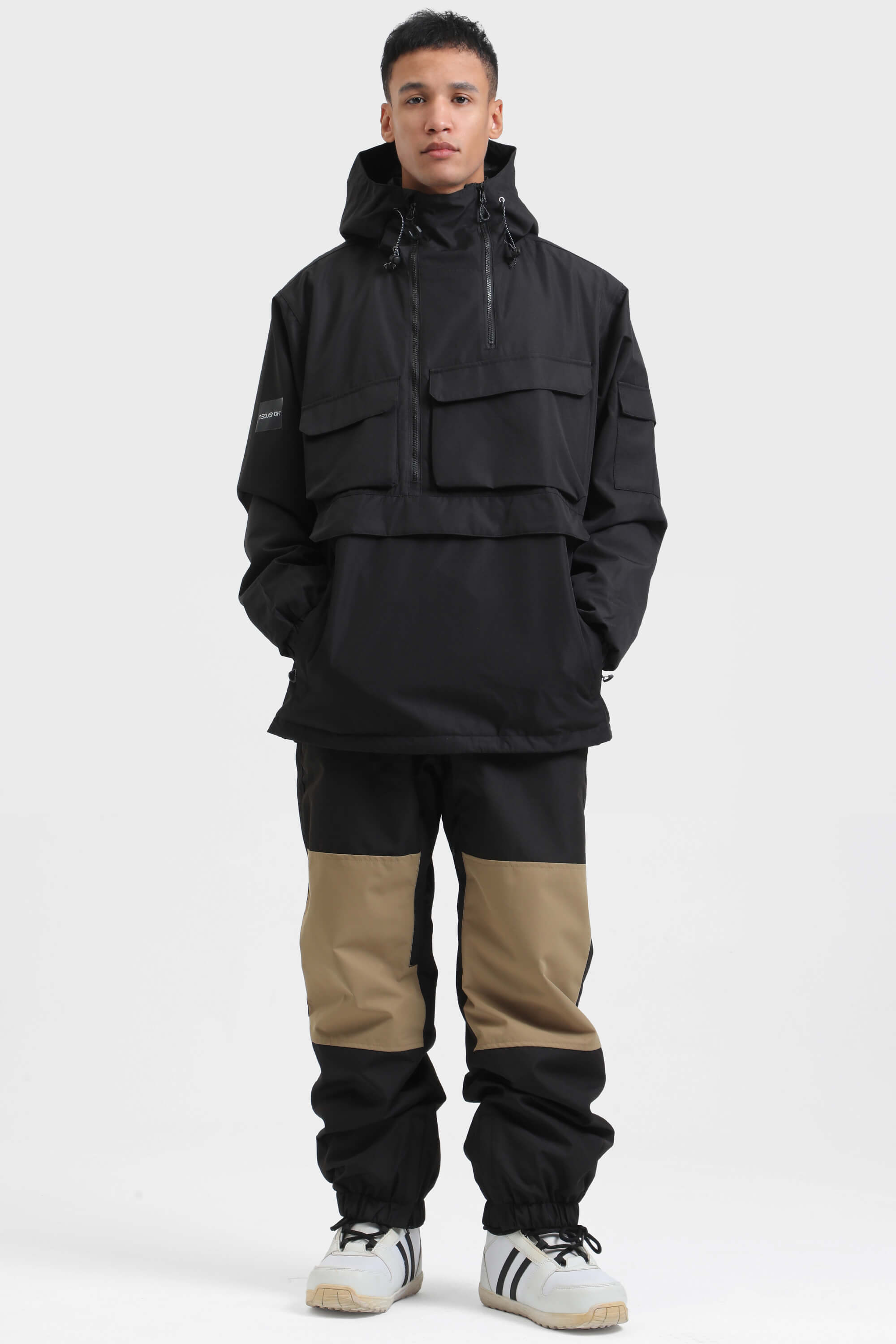 メンズ ブラウン 非対称カンガルーポケット 防水保温スノーアノラック