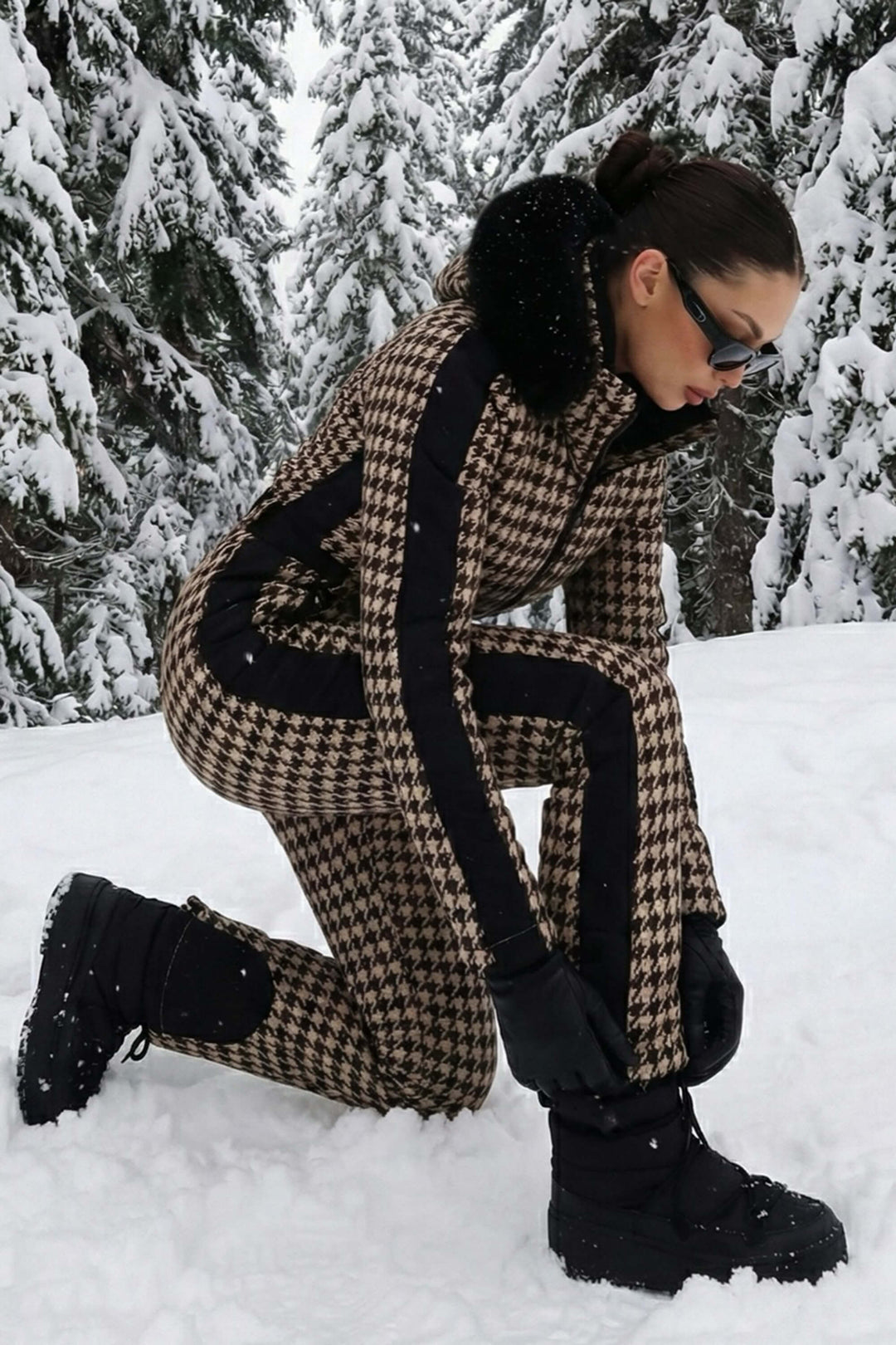 Women's Slim-Fit Stretch Faux Fur Tan Houndstooth One-Piece Ski Suit