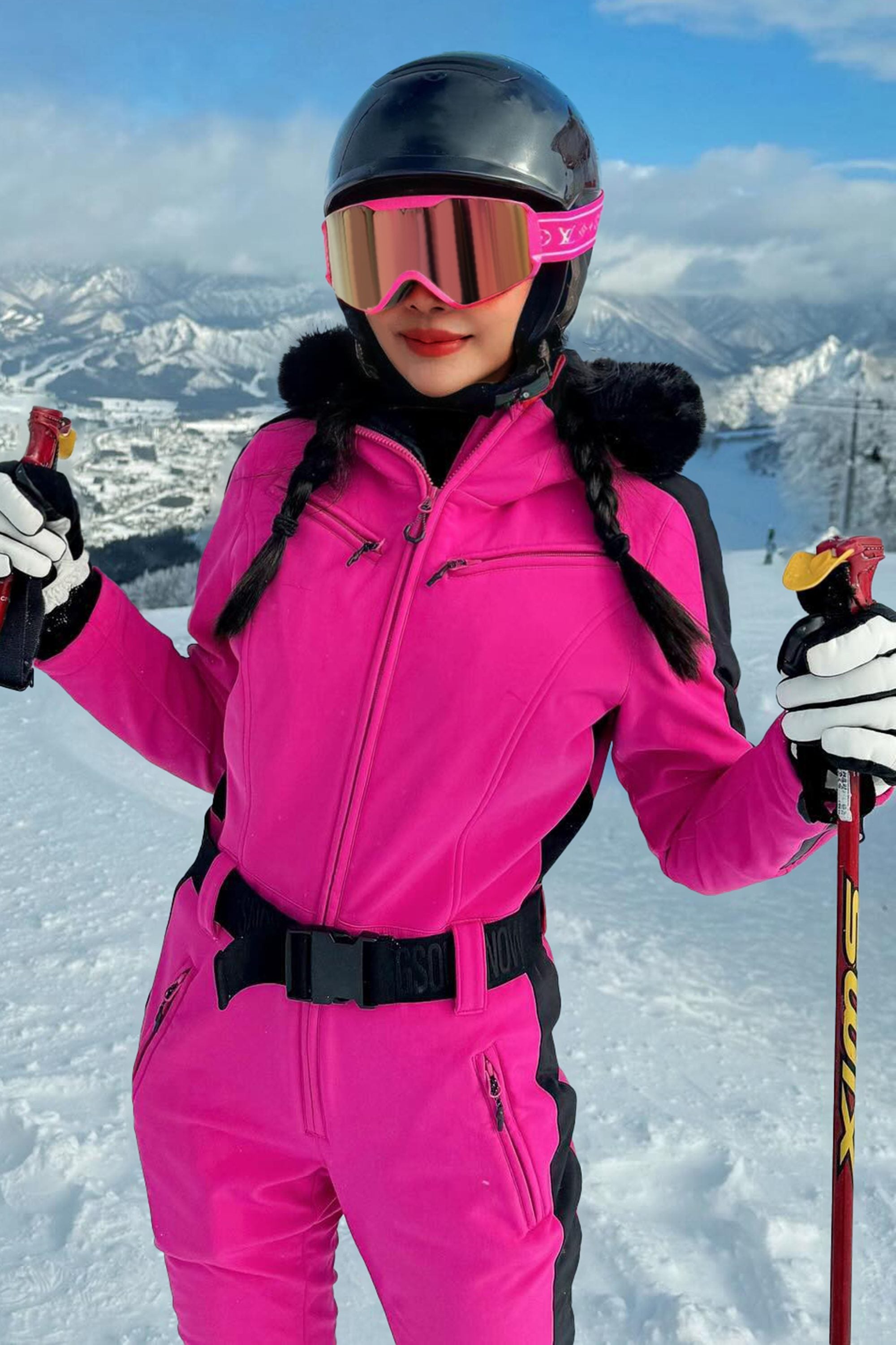 レディース スリムフィット ストレッチ フェイクファー フクシア