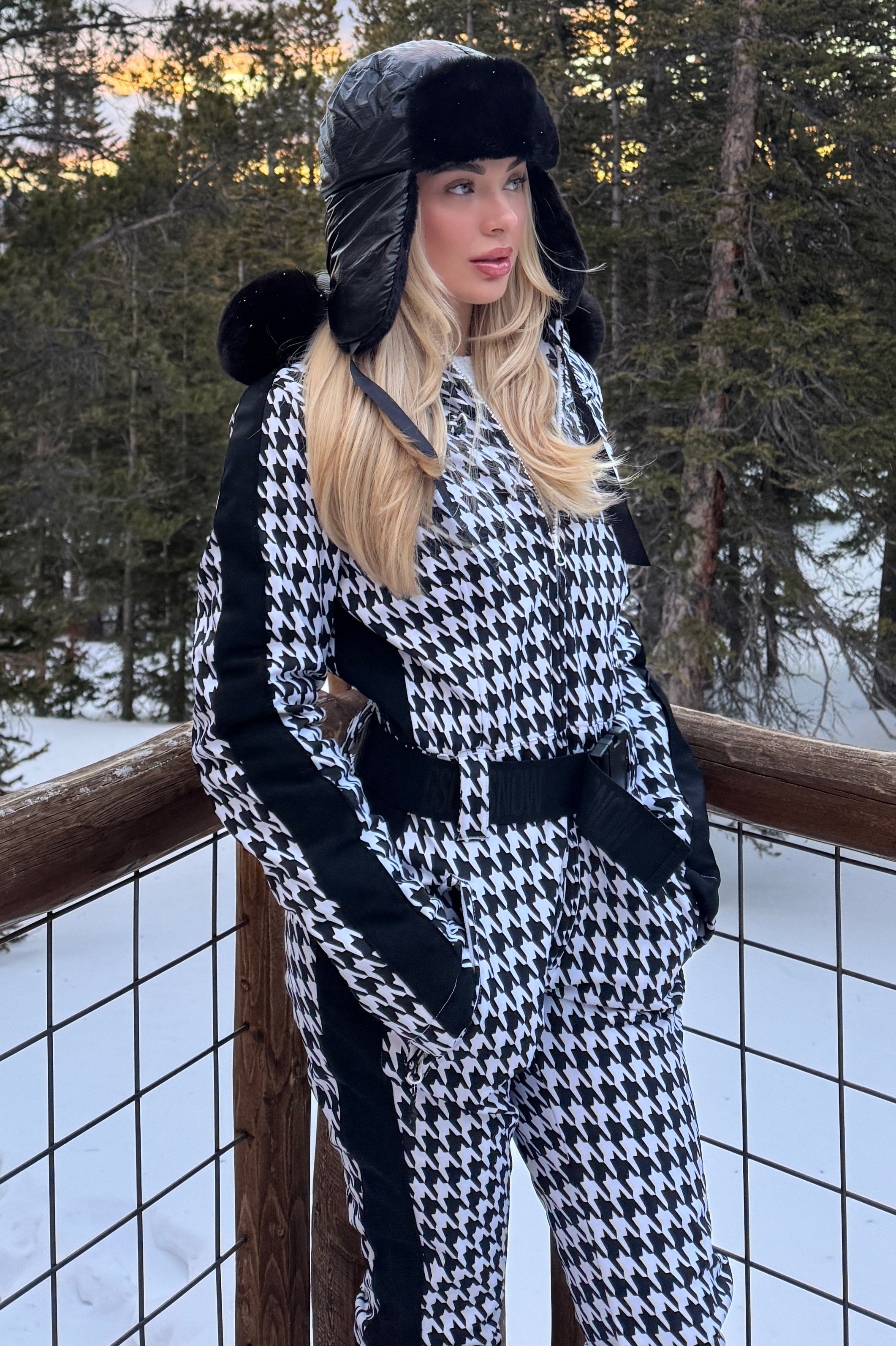 Women's Slim-Fit Stretch Faux Fur Tan Houndstooth One-Piece Ski
