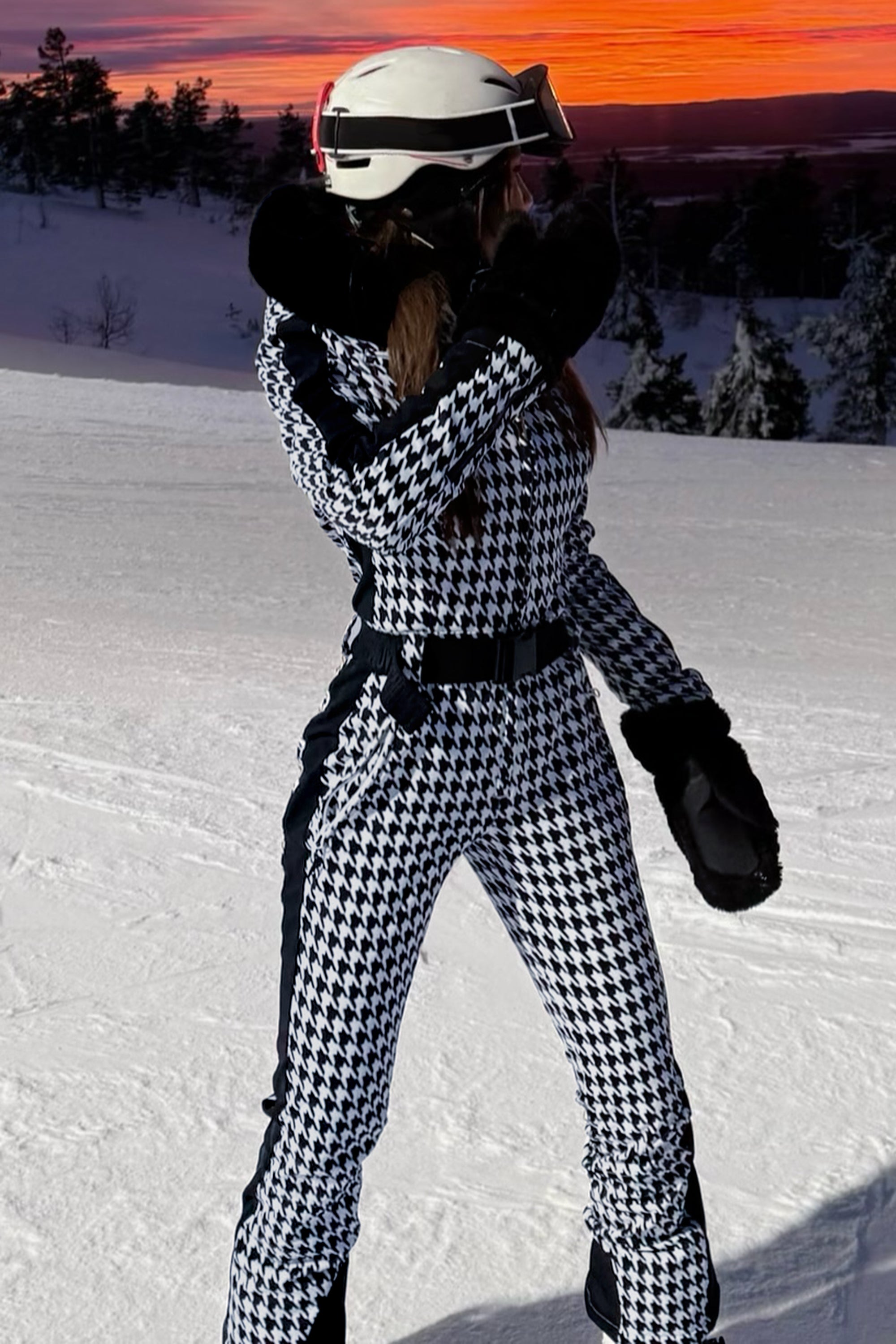 Women's Slim-Fit Stretch Faux Fur Tan Houndstooth One-Piece Ski