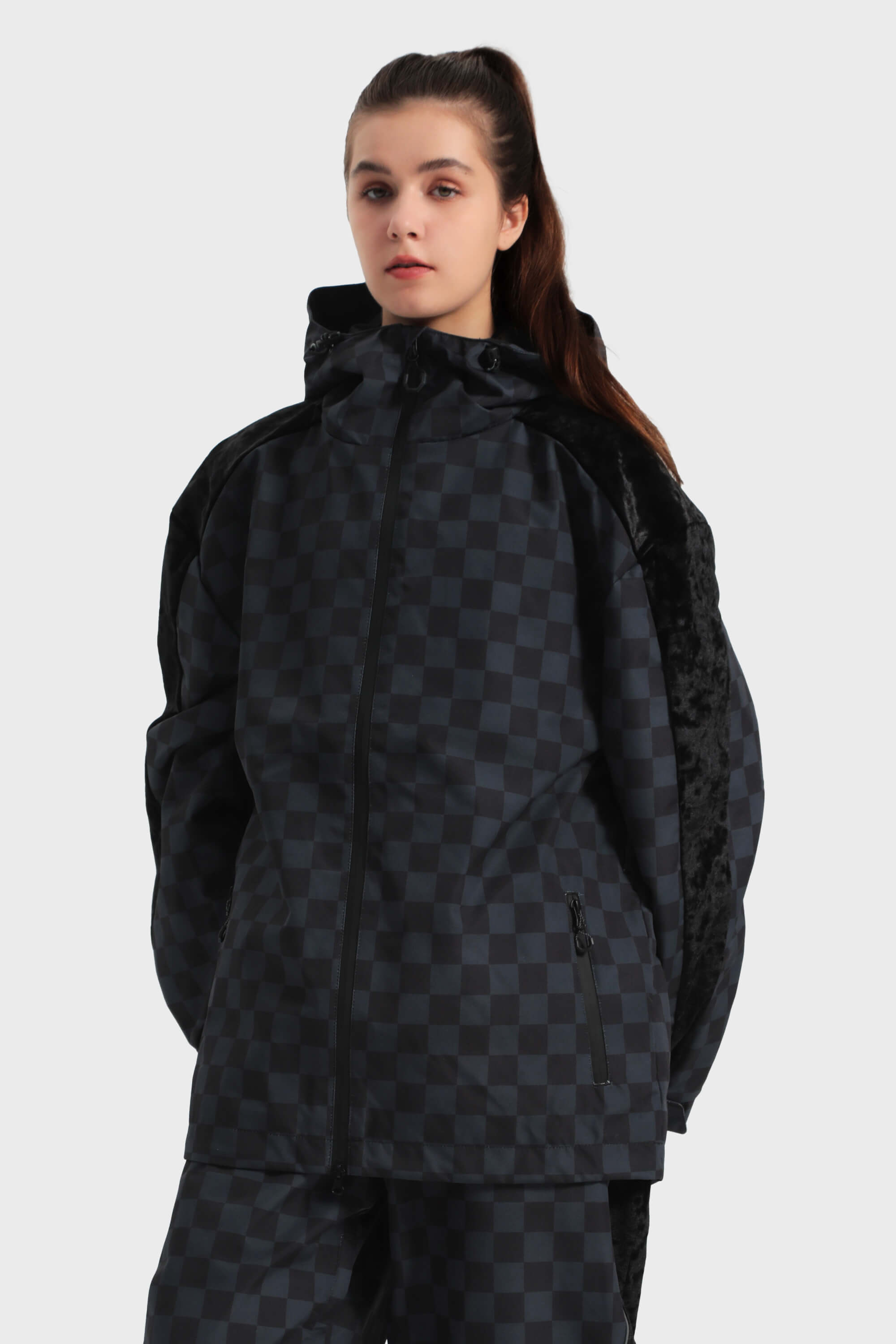 Women's Black Fleece-Lined Velvet Trim Plaid Waterproof Snow