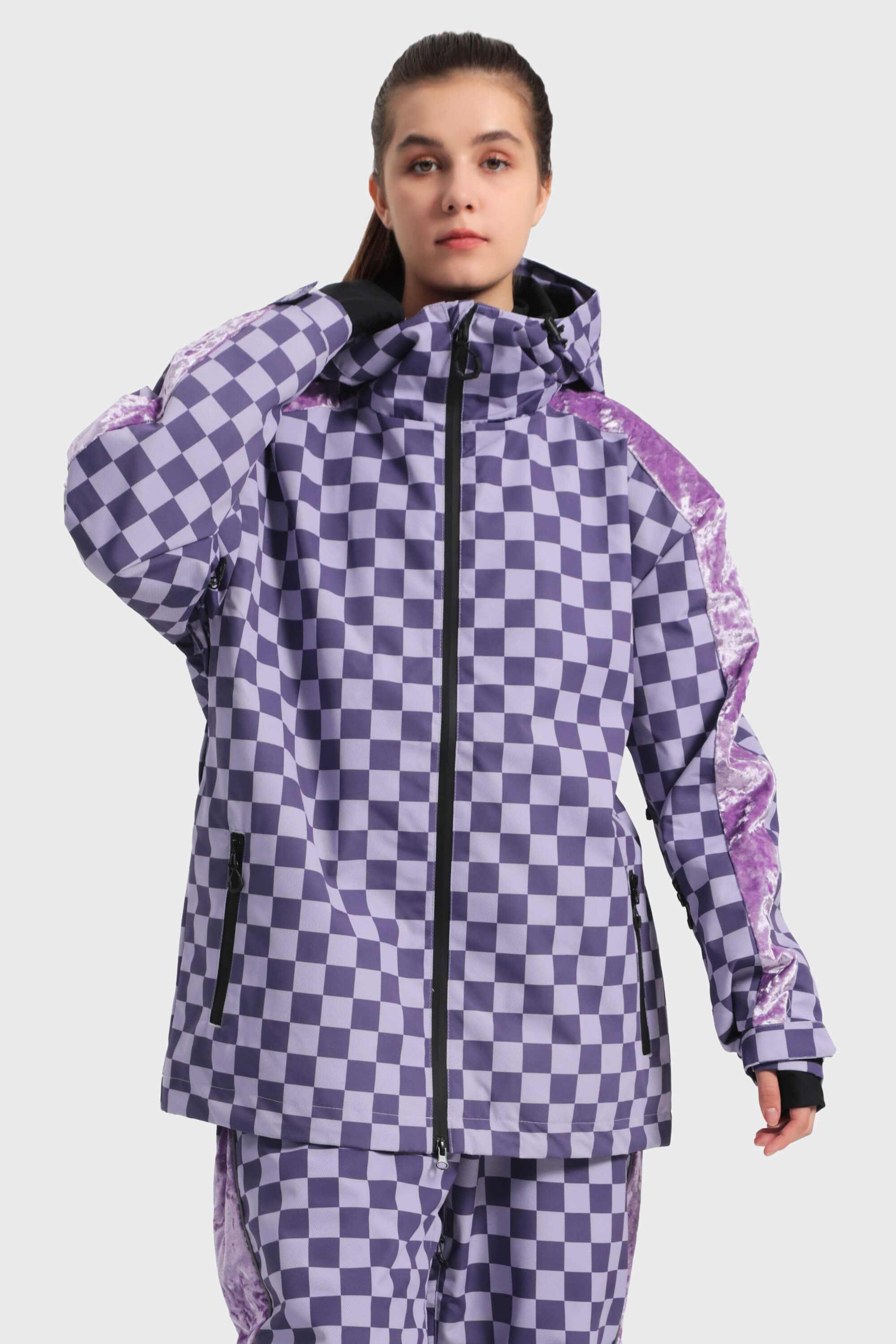 Women's Black Fleece-Lined Velvet Trim Plaid Waterproof Snow