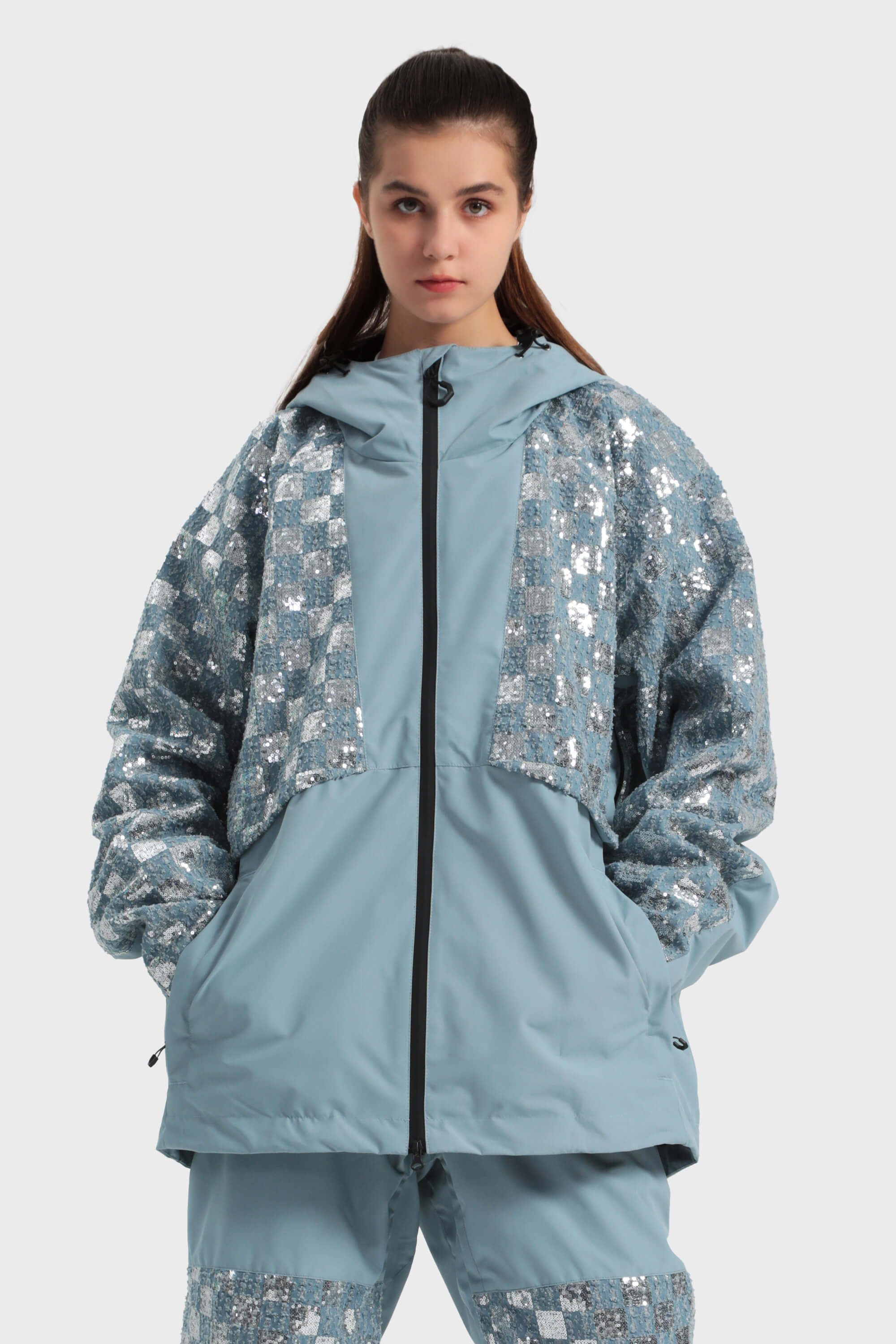 Women's Haze Blue Patchwork Sequin Relaxed Snow Jacket – GSou Snow