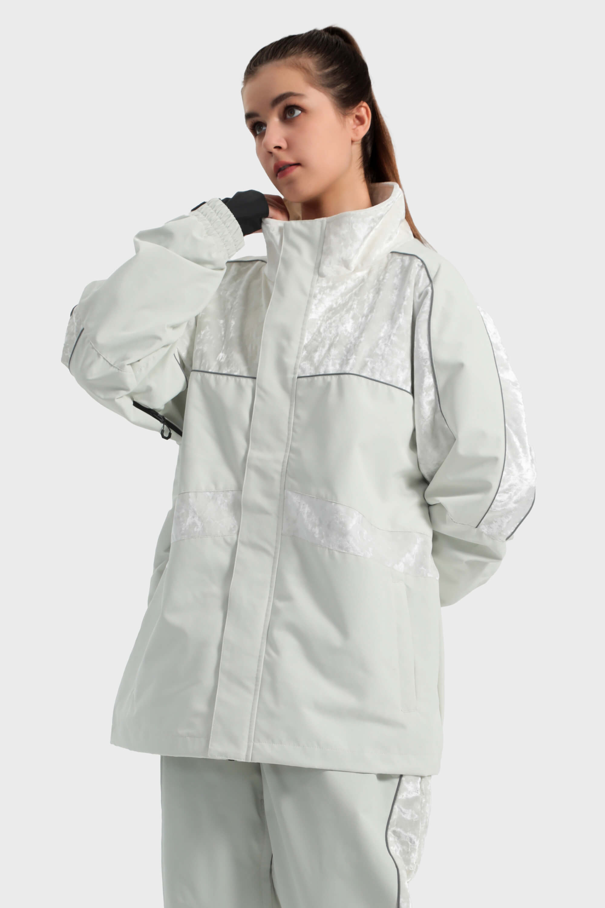 Women's Black Reflective Velvet Patchwork Waterproof Snow Jacket