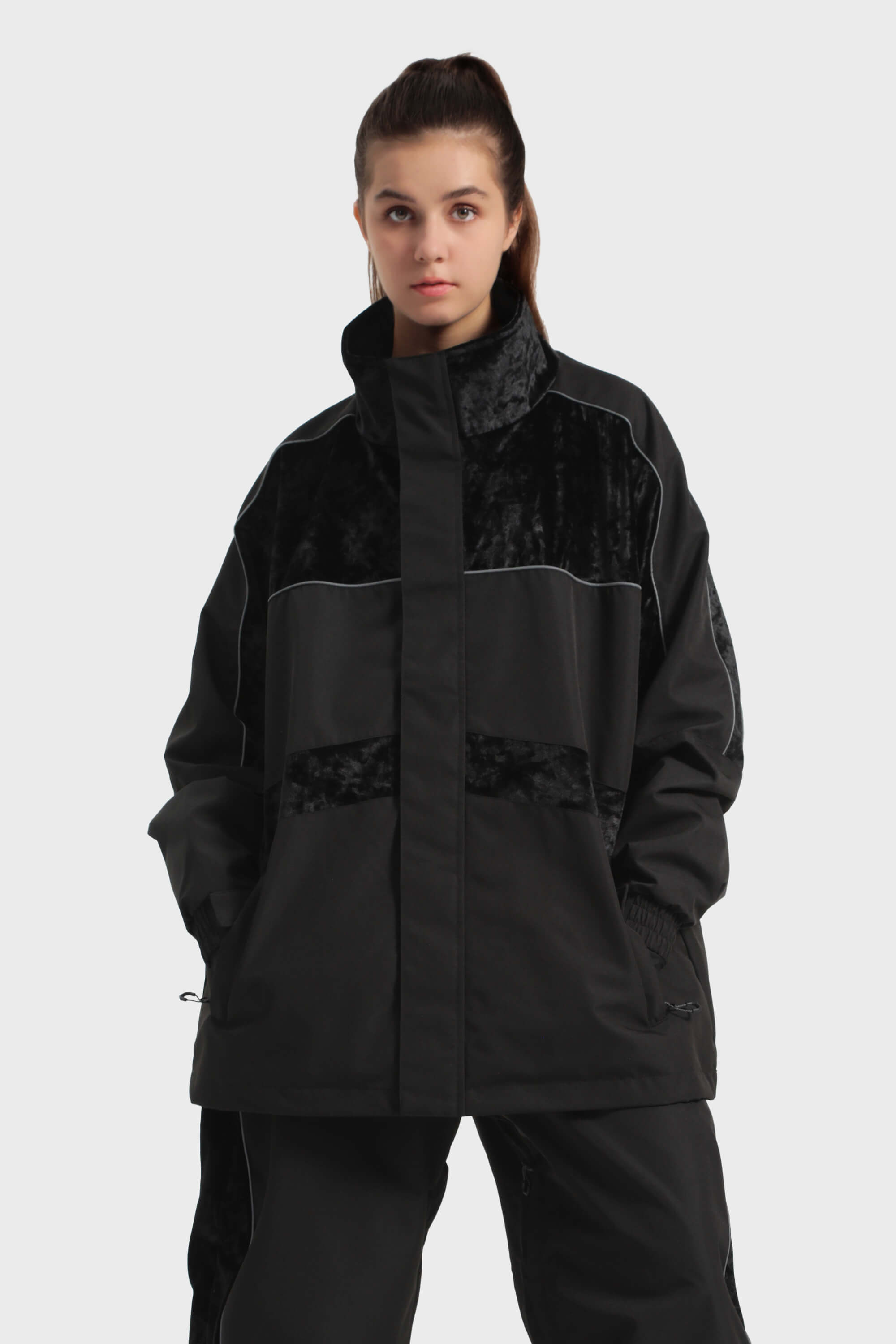 Women's Black Reflective Velvet Patchwork Waterproof Snow