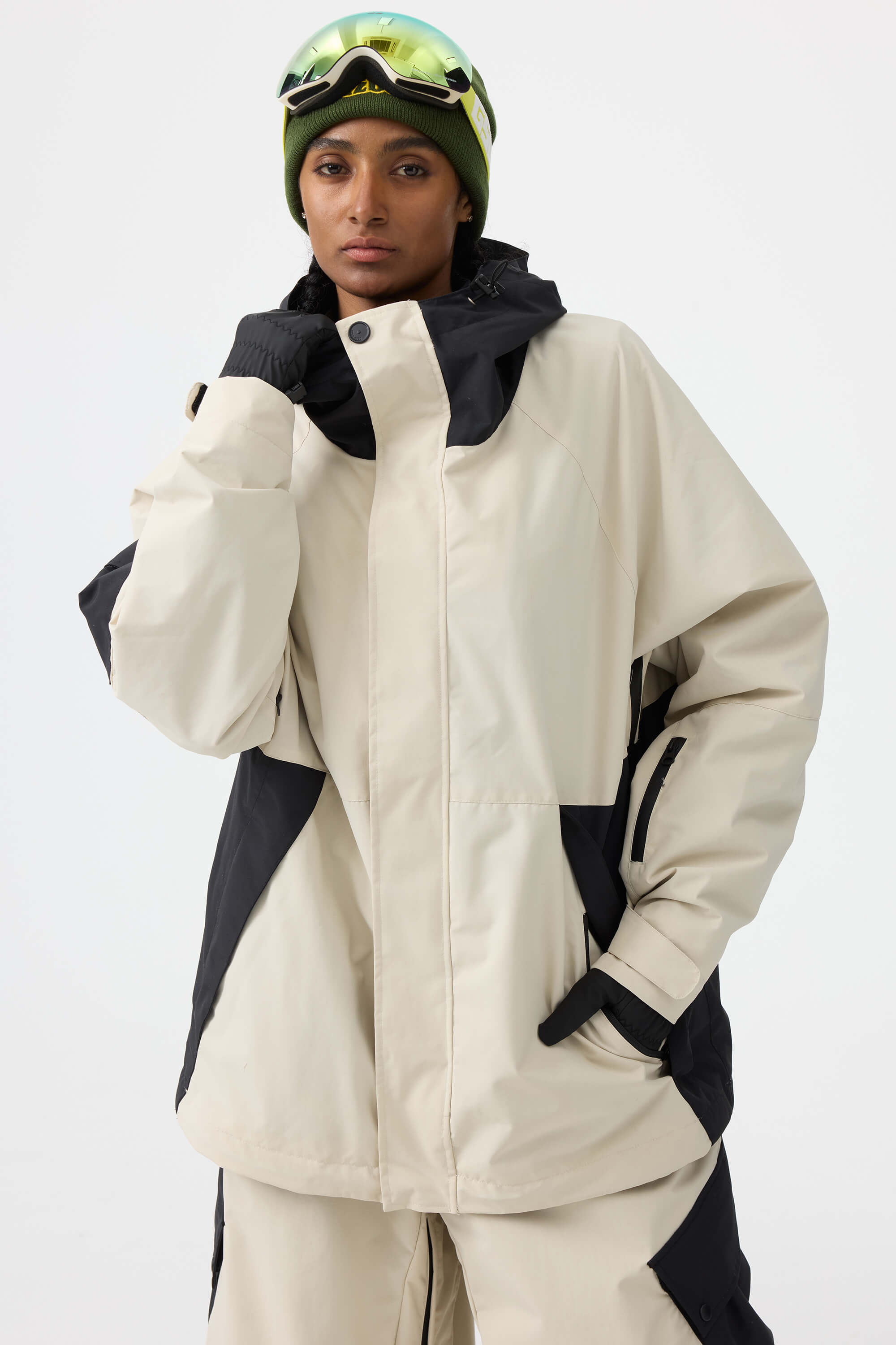 Women's Dark Green Raglan Sleeve Color Block Waterproof Breathable