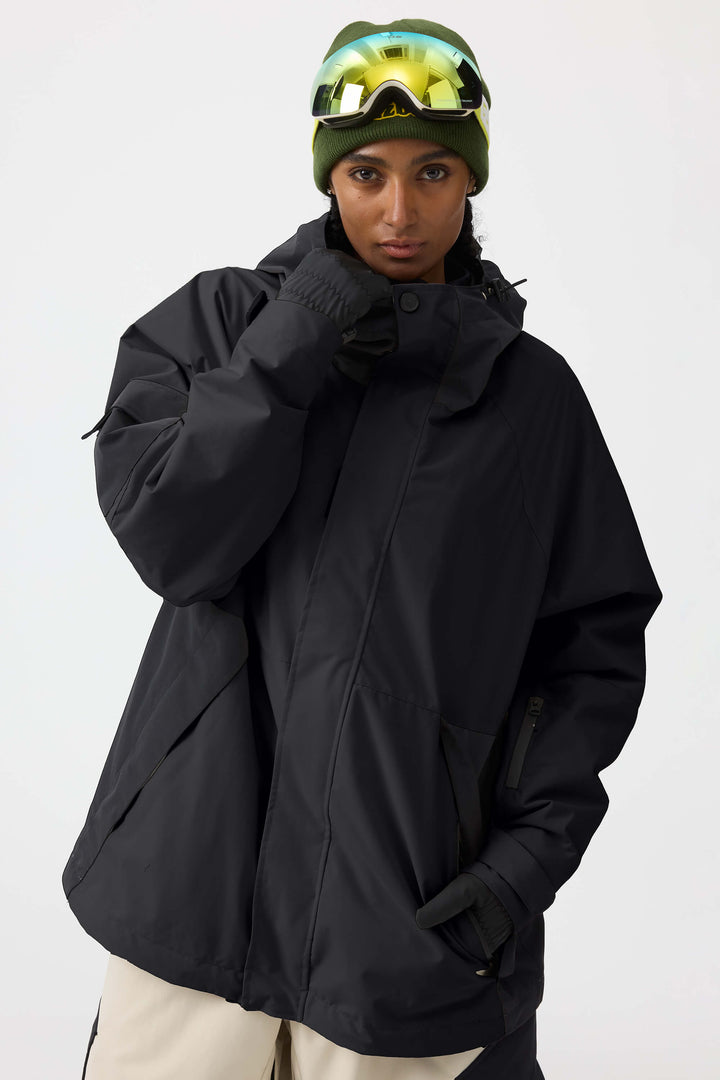 Kaffeefarbene Schneejacke für Damen mit Raglanärmeln und Farbblockdesign, wasserdicht und atmungsaktiv 