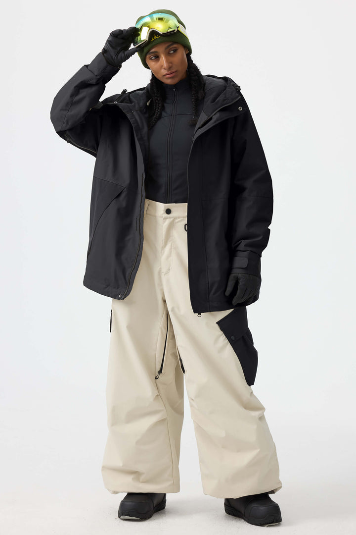 Kaffeefarbene Schneejacke für Damen mit Raglanärmeln und Farbblockdesign, wasserdicht und atmungsaktiv 