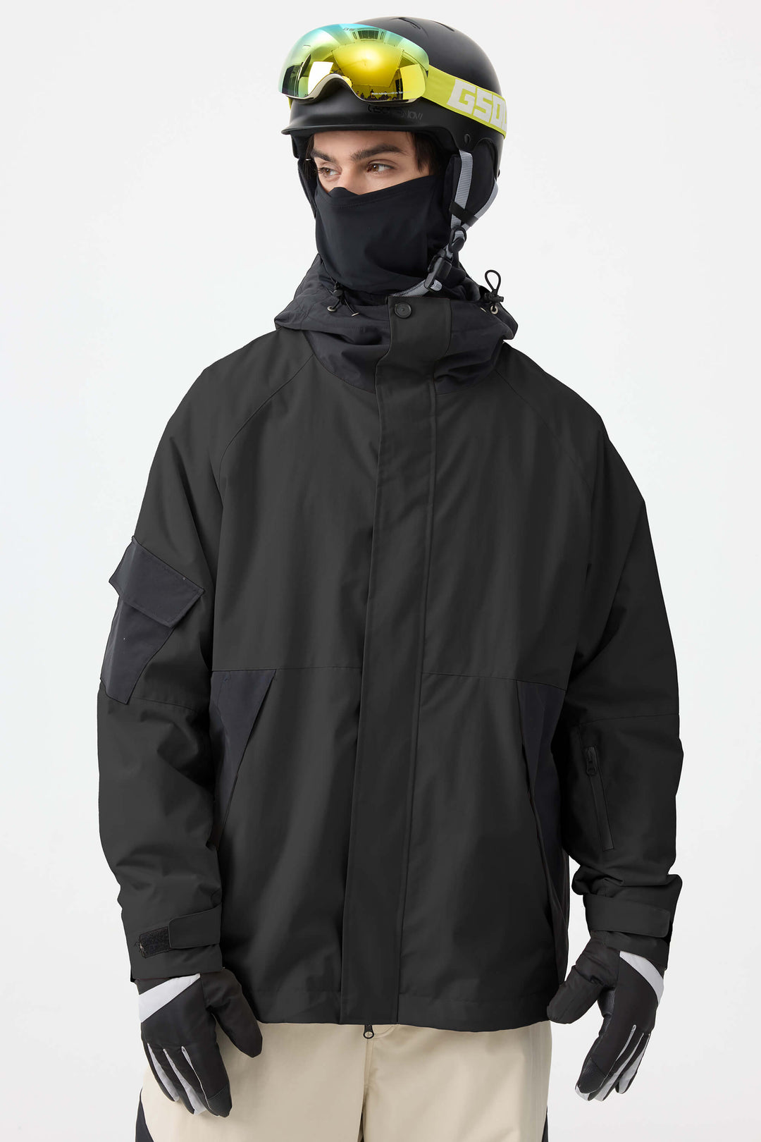 Dunkelgrüne Schneejacke für Herren mit Raglanärmeln und Farbblockdesign, wasserdicht und atmungsaktiv