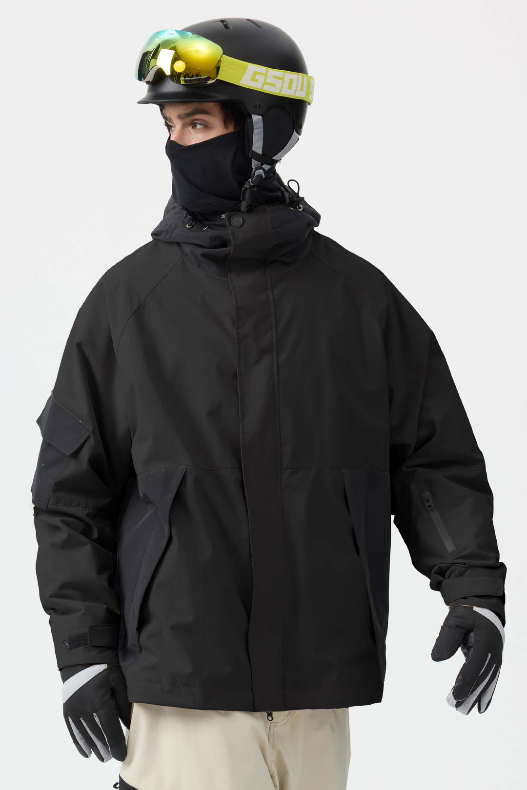 Dunkelgrüne Schneejacke für Herren mit Raglanärmeln und Farbblockdesign, wasserdicht und atmungsaktiv